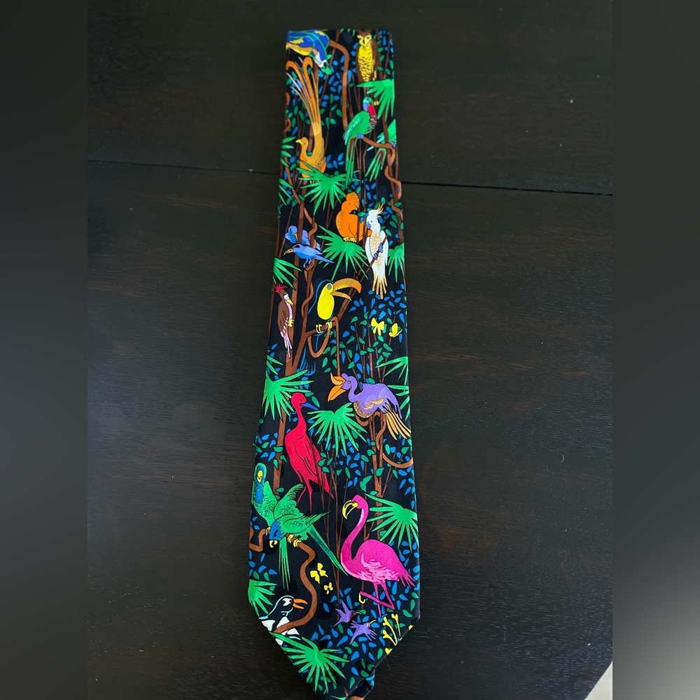 Addiction 100% Silk Colorful Tropical Bird Print Tie
